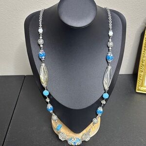 Caged Painted Ceramic Silver Tome Long Chain Beaded Necklace